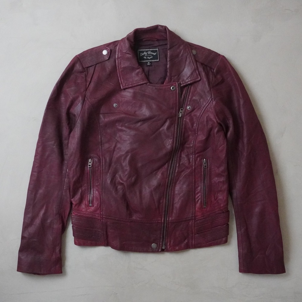 Lucky Brand Leather Moto Jacket Medium Womens Burgundy Wine Asymmetric Zip Biker